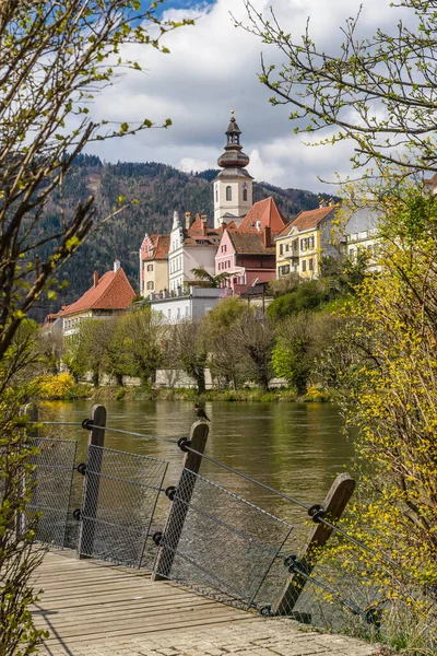 Printemps Frohnleiten Petite Ville Dessus Rivière Mur Styrie Autriche Vue — Photo