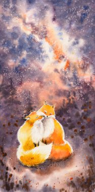 Gece gökyüzü üzerinde bir çocuk kitabı illüstrasyonu. Suluboya ile yapılan resim.