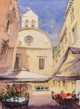  Hırvatistan 'ın Sibenik kentinde küçük bir kentteki kilise. Resim suluboya ile oluşturuldu.