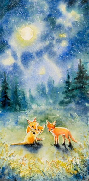 子供の本のイラスト 夜空にフォックス 水彩画で作られた絵 — ストック写真