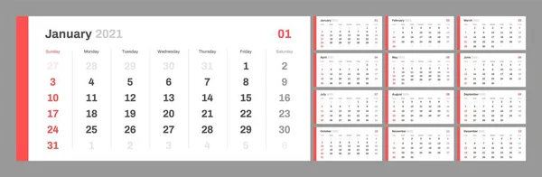 Calendrier pour 2021 nouvelle année dans le style simple table minimale propre . — Image vectorielle