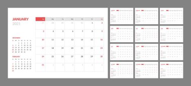 2021 yeni yılı için basit, temiz asgari tablo biçimi takvimi.