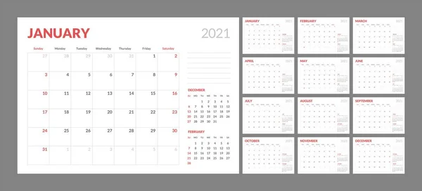 Календарь на 2021 новый год в чистой минимальной таблице простой стиль . — стоковый вектор