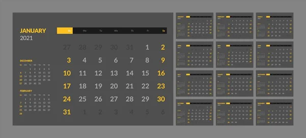 Kalendář pro nový rok 2021 v čistém minimálním stylu tabulky. — Stockový vektor
