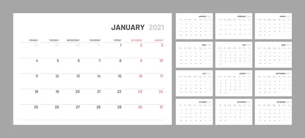 Calendário para 2021 ano novo em estilo simples tabela mínima limpa . — Vetor de Stock