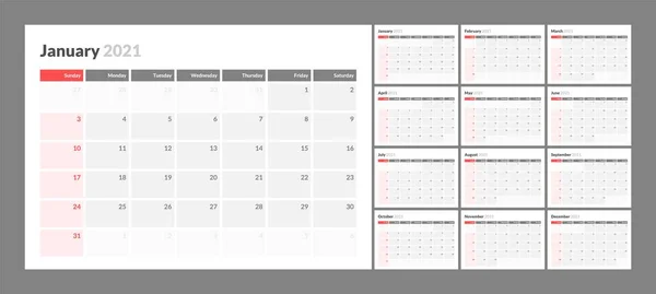 Calendario de pared para 2021 año en un estilo mínimo limpio. Plantilla de planificación de diseño corporativo. La semana comienza el domingo . — Vector de stock