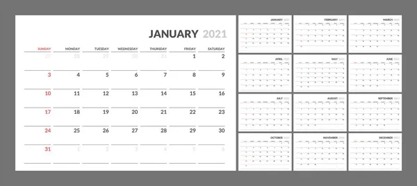 Kalendář pro nový rok 2021 v čistém minimálním stylu tabulky. — Stockový vektor