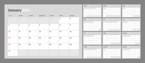 Nástěnný kalendář pro rok 2021 v čistém minimálním stylu. Šablona korporátního návrháře. Týden začíná v neděli. — Stockový vektor
