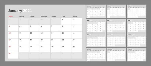 Calendario de pared para 2021 año en un estilo mínimo limpio. Plantilla de planificación de diseño corporativo. La semana comienza el domingo . — Vector de stock