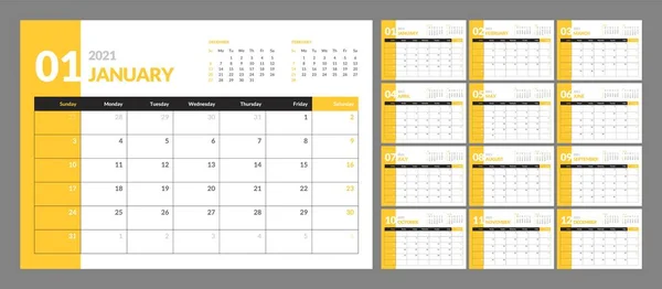 Modelo de calendário de parede para 2021 ano. Diário planejador em um estilo minimalista. A semana começa no domingo. Calendário mensal . — Vetor de Stock