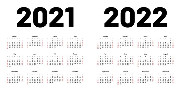 Calendar for 2021 and 2022 year. Week Starts on Sunday. — Stock Vector