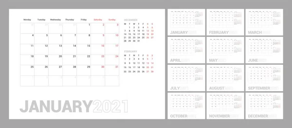 Modelo de calendário de parede para 2021 ano. Diário planejador em um estilo minimalista. A semana começa na segunda-feira. Conjunto de 12 Meses . — Vetor de Stock