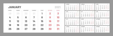 2021 yılının duvar takvimi şablonu. Minimalist tarzda planlayan günlük. Hafta pazartesi günü başlıyor. 12 Aylık Set.