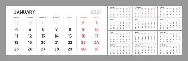 Kalendervorlage für das Jahr 2021. Planer-Tagebuch im minimalistischen Stil. Die Woche beginnt am Montag. Set von 12 Monaten. — Stockvektor