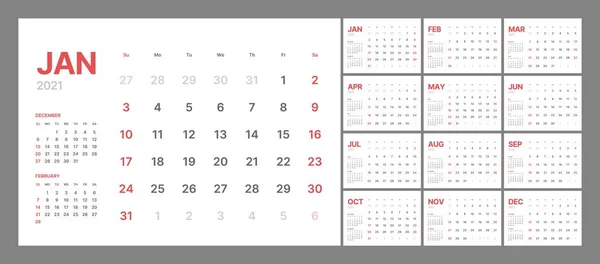 Plantilla de calendario de pared para 2021 año. Diario del planificador en un estilo minimalista. La semana comienza el domingo. Calendario mensual . — Archivo Imágenes Vectoriales