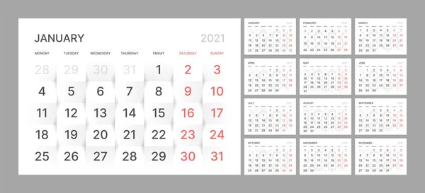 Plantilla de calendario trimestral de pared para 2021 años en un estilo mínimo limpio. Semana comienza el lunes . — Archivo Imágenes Vectoriales