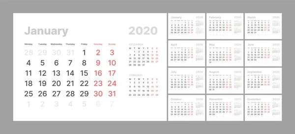 Πρότυπο ημερολογίου τοίχου για το 2021 έτος. Ημερολόγιο Planner σε μινιμαλιστικό στυλ. Η εβδομάδα αρχίζει τη Δευτέρα. Σύνολο 12 Μήνες. — Διανυσματικό Αρχείο