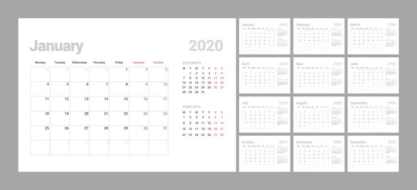 Kalendervorlage für das Jahr 2021. Planer-Tagebuch im minimalistischen Stil. Die Woche beginnt am Montag. Set von 12 Monaten. — Stockvektor