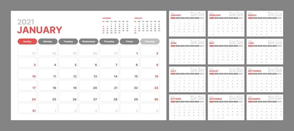 Plantilla de calendario de pared para 2021 año. Diario del planificador en un estilo minimalista. La semana comienza el domingo. Calendario mensual . — Vector de stock