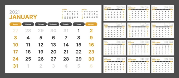 Шаблон календаря на 2021 год. Дневник проектировщика в минималистском стиле. Неделя начинается в воскресенье. Ежемесячный календарь . — стоковый вектор