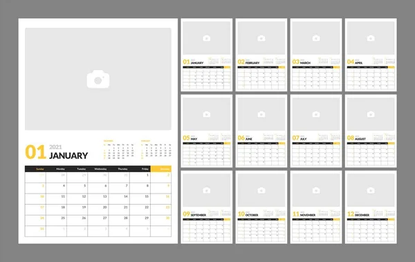 Wall calendar template for 2021 year. Planner diary in a minimalist style. Week Starts on Sunday. Monthly calendar. — Stock Vector