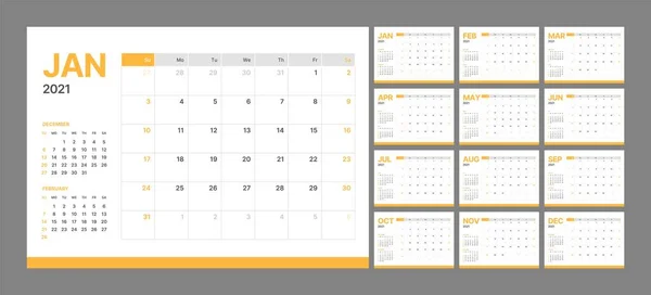 Шаблон календаря на 2021 год. Дневник проектировщика в минималистском стиле. Неделя начинается в воскресенье. Ежемесячный календарь . — стоковый вектор