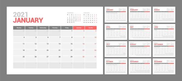 Modelo de calendário de parede para 2021 ano. Diário planejador em um estilo minimalista. A semana começa na segunda-feira. Conjunto de 12 Meses . — Vetor de Stock