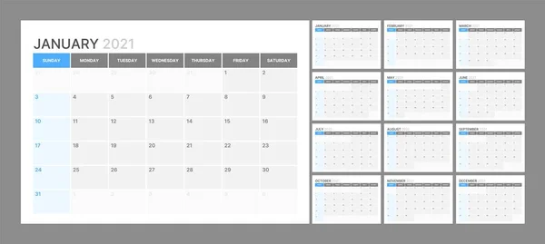 Kalendervorlage für das Jahr 2021. Planer-Tagebuch im minimalistischen Stil. Die Woche beginnt am Sonntag. Monatskalender. — Stockvektor