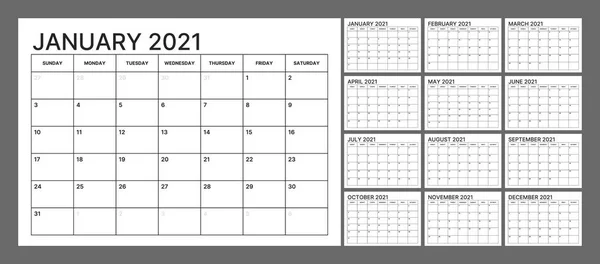Πρότυπο ημερολογίου τοίχου για το 2021 έτος. Ημερολόγιο Planner σε μινιμαλιστικό στυλ. Η εβδομάδα αρχίζει την Κυριακή. Μηνιαίο ημερολόγιο. — Διανυσματικό Αρχείο