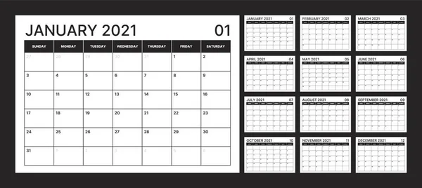 Πρότυπο ημερολογίου τοίχου για το 2021 έτος. Ημερολόγιο Planner σε μινιμαλιστικό στυλ. Η εβδομάδα αρχίζει την Κυριακή. Μηνιαίο ημερολόγιο. — Διανυσματικό Αρχείο