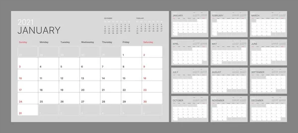 Plantilla de calendario de pared para 2021 año. Diario del planificador en un estilo minimalista. La semana comienza el domingo. Calendario mensual . — Vector de stock