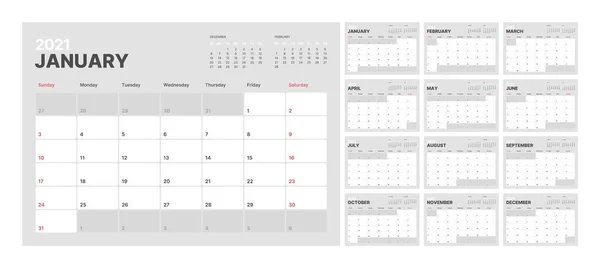 Kalendervorlage für das Jahr 2021. Planer-Tagebuch im minimalistischen Stil. Die Woche beginnt am Sonntag. Monatskalender. — Stockvektor