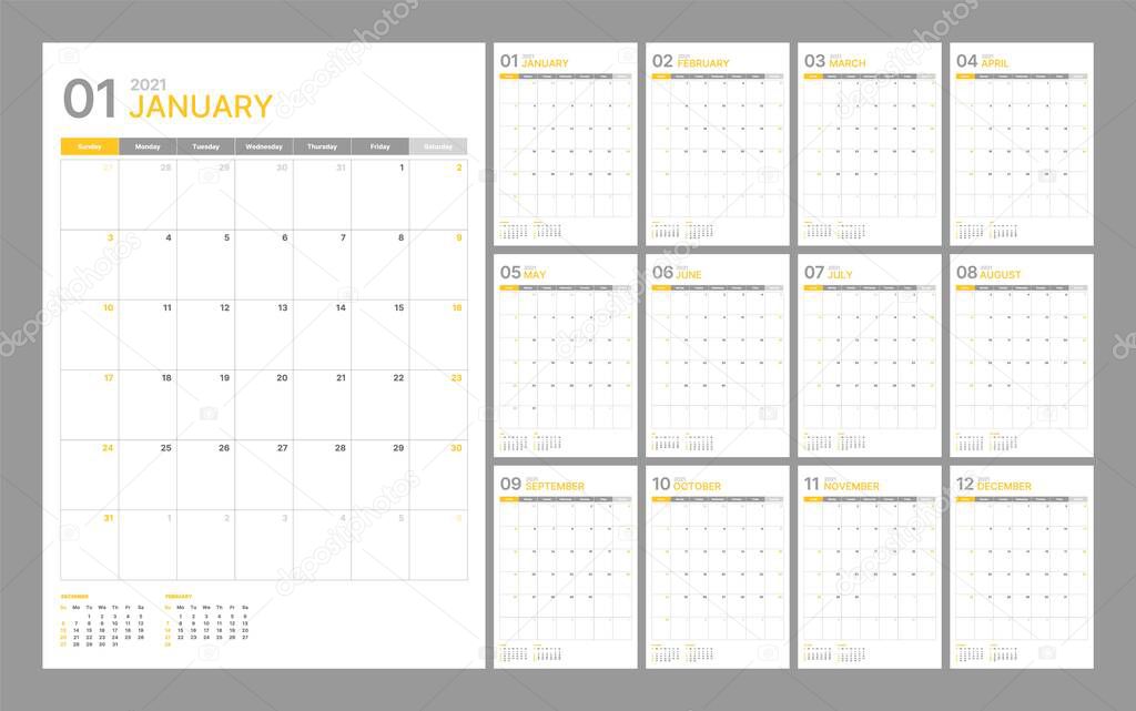 Wall calendar template for 2021 year. Planner diary in a minimalist style. Week Starts on Sunday. Monthly calendar.