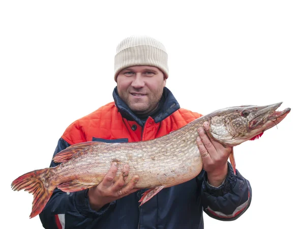 Pescatore con pesce grosso - luccio Fotografia Stock