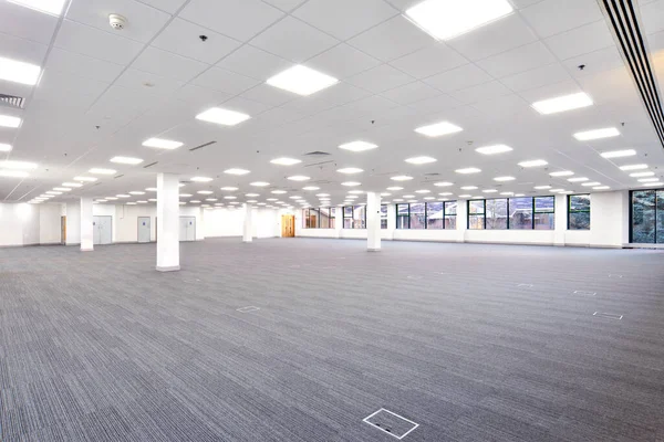 an empty office area available with grey carpet and lights on