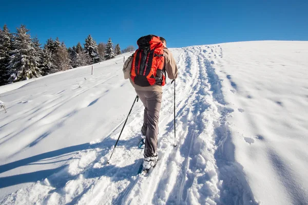 Mann mit Schneeschuhen in den Bergen — Stockfoto