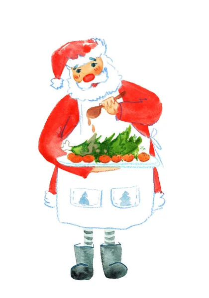 Цікава Картка Аквареллю Білому Тлі Санта Кухар Санта Клаус Готує — стокове фото