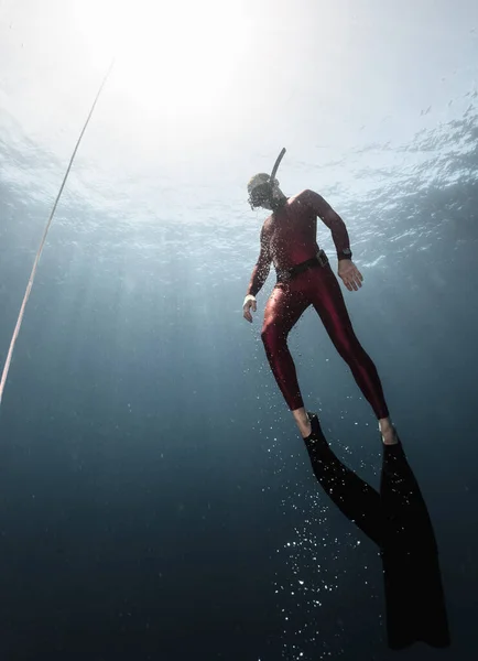 Underwater Shot Ascending Free Diver Free Immersion Discipline — Stock Photo, Image