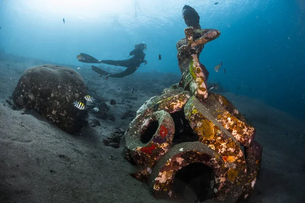 自由潜水者探索热带海洋中的水下雕像 — 图库照片