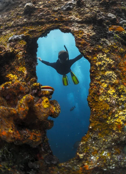 Free Diver Exploring Ship Wreck Tropical Sea — Stock Photo, Image