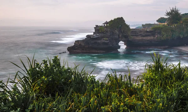 Świątynia Tanah Lot Zieloną Rośliną Pierwszym Planie Bali Indonezja — Zdjęcie stockowe