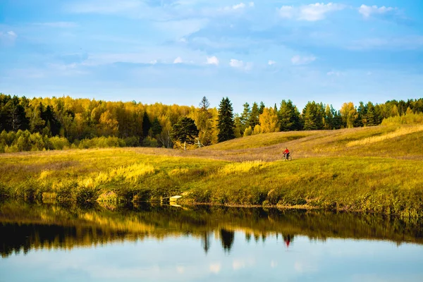 Lady Cycling Autumn Meadow Lake Sunny Day — Stock Photo, Image