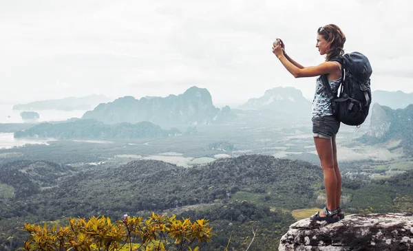 Young Lady Hiker Backpack Standing Top Mountain Taking Picture Valley — Stock Photo, Image