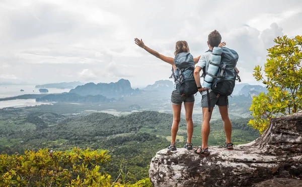 Hikers Backpacks Relaxing Top Mountain Enjoying View Valley — Stock Photo, Image