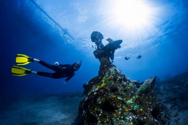 Serbest dalgıç tropikal bir denizde sualtı heykelini keşfediyor.