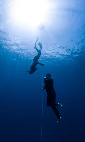 深さのロープに沿って上昇フリーダイバー — ストック写真