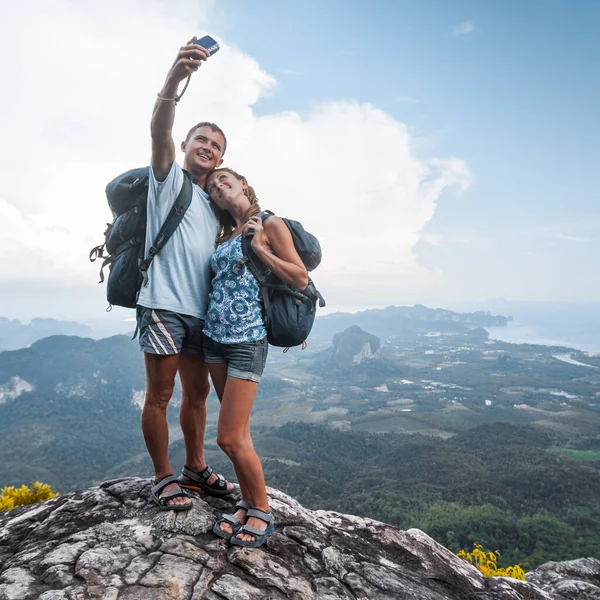Couple Hikers Taking Selfie Top Mountain Valley View Background — Stock Photo, Image