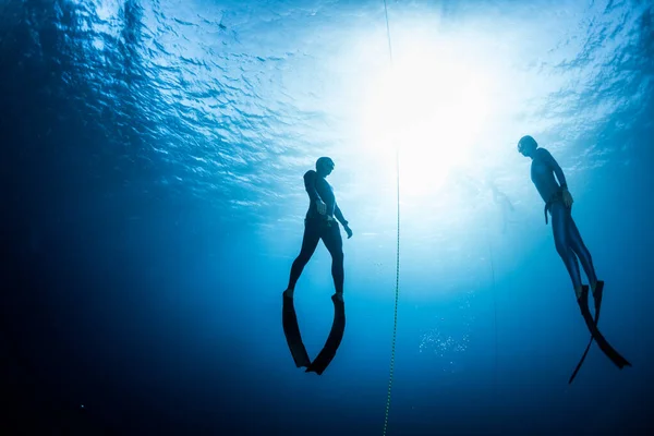 Two Free Divers Man Woman Ascending Depth — Stock Photo, Image