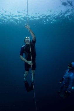 Serbest dalgıç halat boyunca yükseliyor.