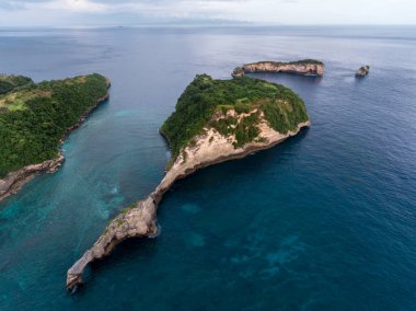 Nusa Penida adasının tropikal kıyılarının Kelingking, Endonezya sahillerinin hava görüntüleri.